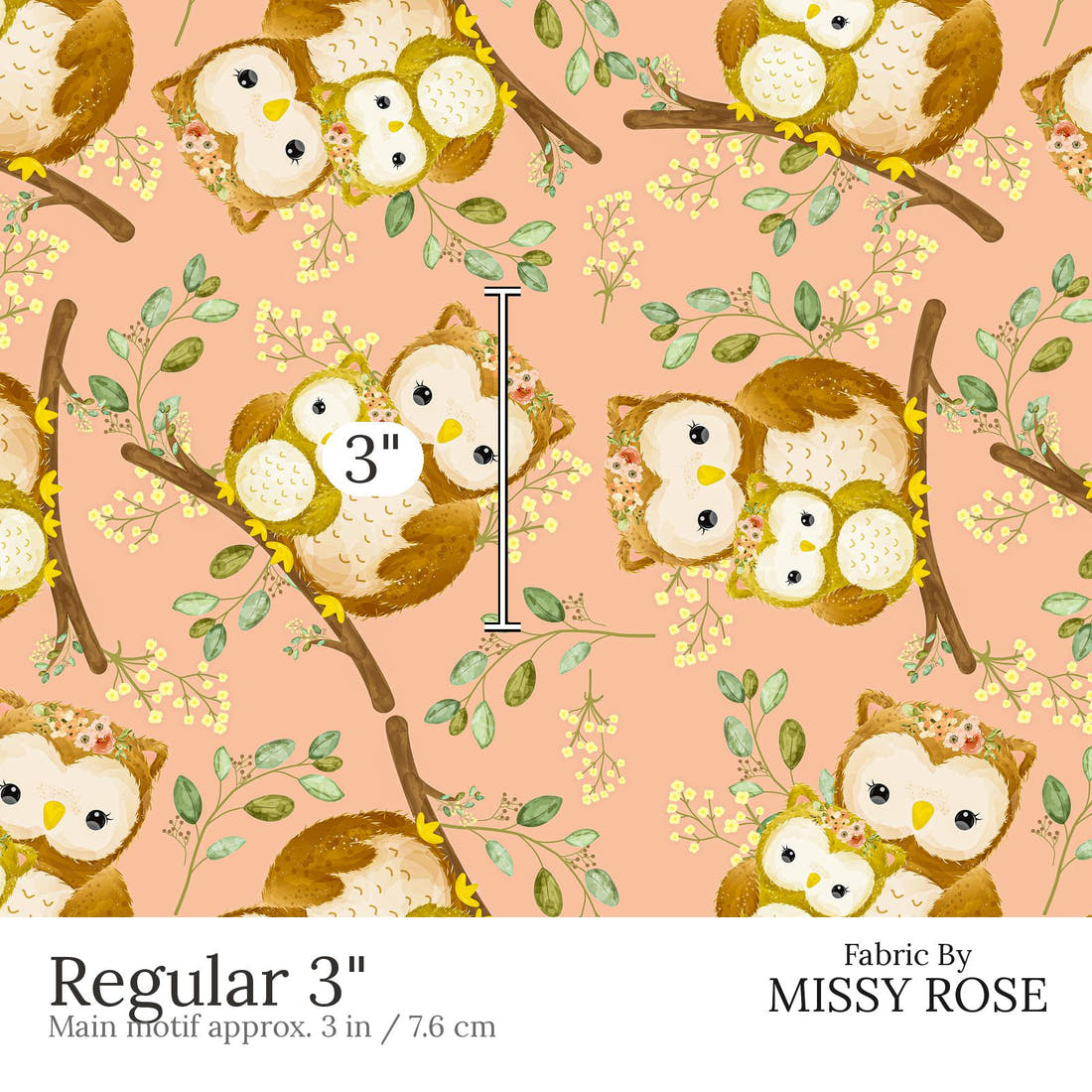 Design 512 Owl Fabric Regular 3 inch print scale guide | Fabric by Missy Rose