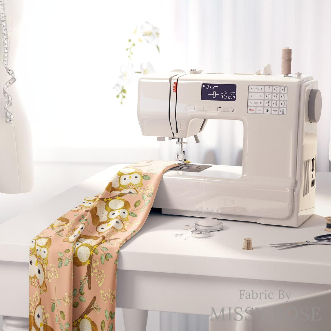 Design 512 Owl Fabric on a sewing machine – premium fabric for sewing projects | Fabric by Missy Rose