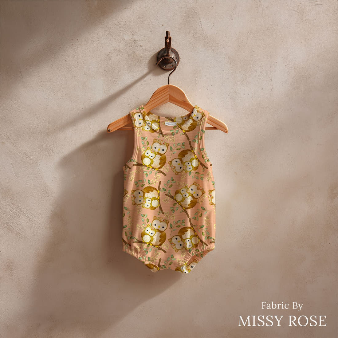 Design 512 Owl Fabric sewn into a baby romper – see how the print looks made up | Fabric by Missy Rose