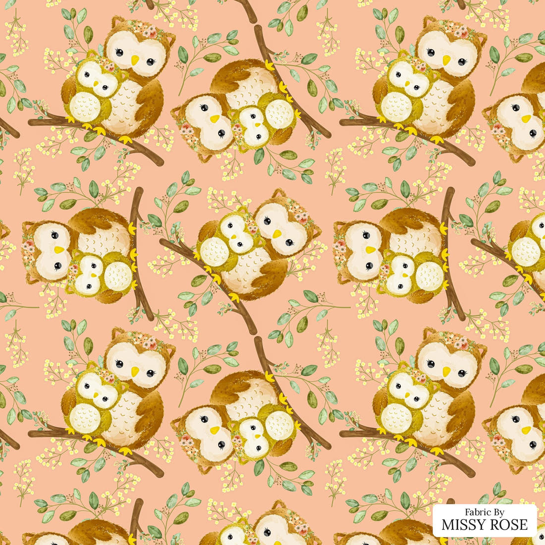 Design 512 Owl Fabric - flat view of the print, zoom in for detail | Fabric by Missy Rose