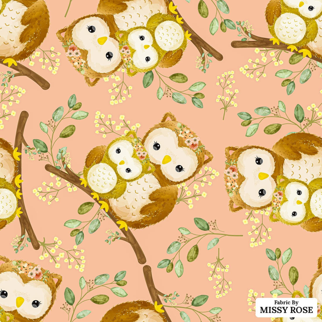 Design 512 Owl Fabric - flat view of the print, zoom in for detail | Fabric by Missy Rose