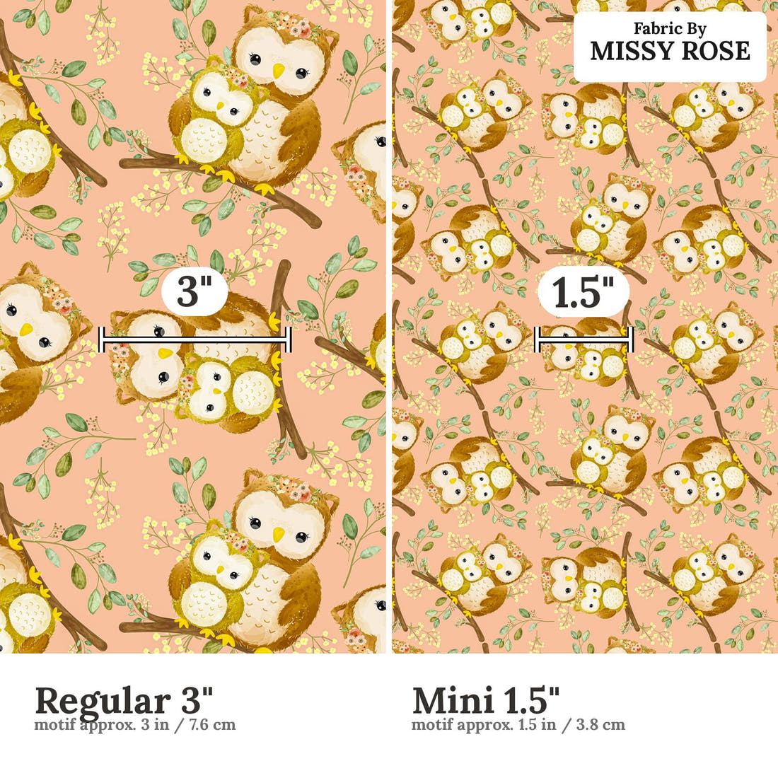 Design 512 Owl Fabric size comparison - print scale | Fabric by Missy Rose