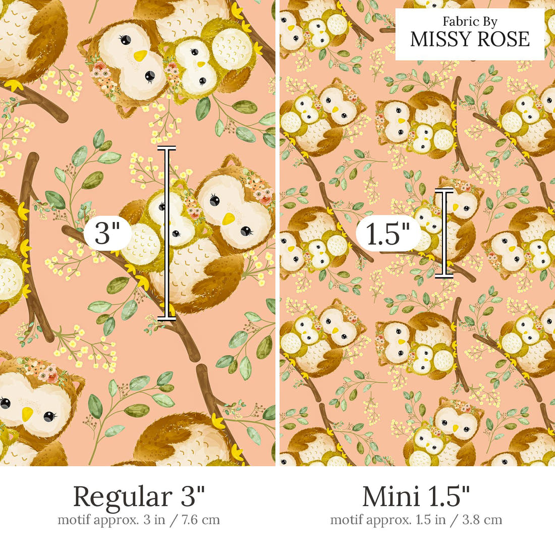 Design 512 Owl Fabric Regular 3 inch vs Mini 1.5 inch print scale side by side | Fabric by Missy Rose