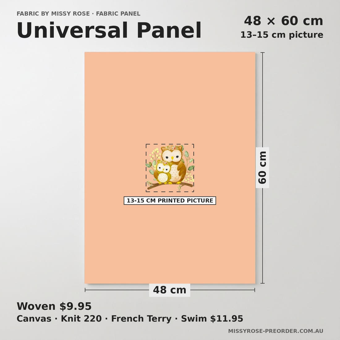 Design 512 Owl Panel universal panel sizing – 13–15 cm printed picture on 48 × 60 cm fabric | Fabric by Missy Rose
