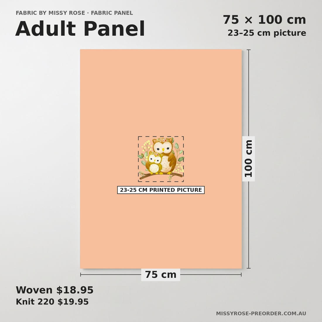 Design 512 Owl Panel adult panel sizing – 23–25 cm printed picture on 75 × 100 cm fabric | Fabric by Missy Rose
