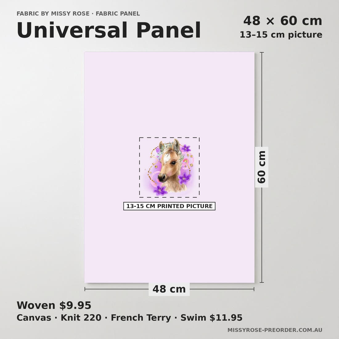 Design 513 Purple Horse Panel universal panel sizing – 13–15 cm printed picture on 48 × 60 cm fabric | Fabric by Missy Rose