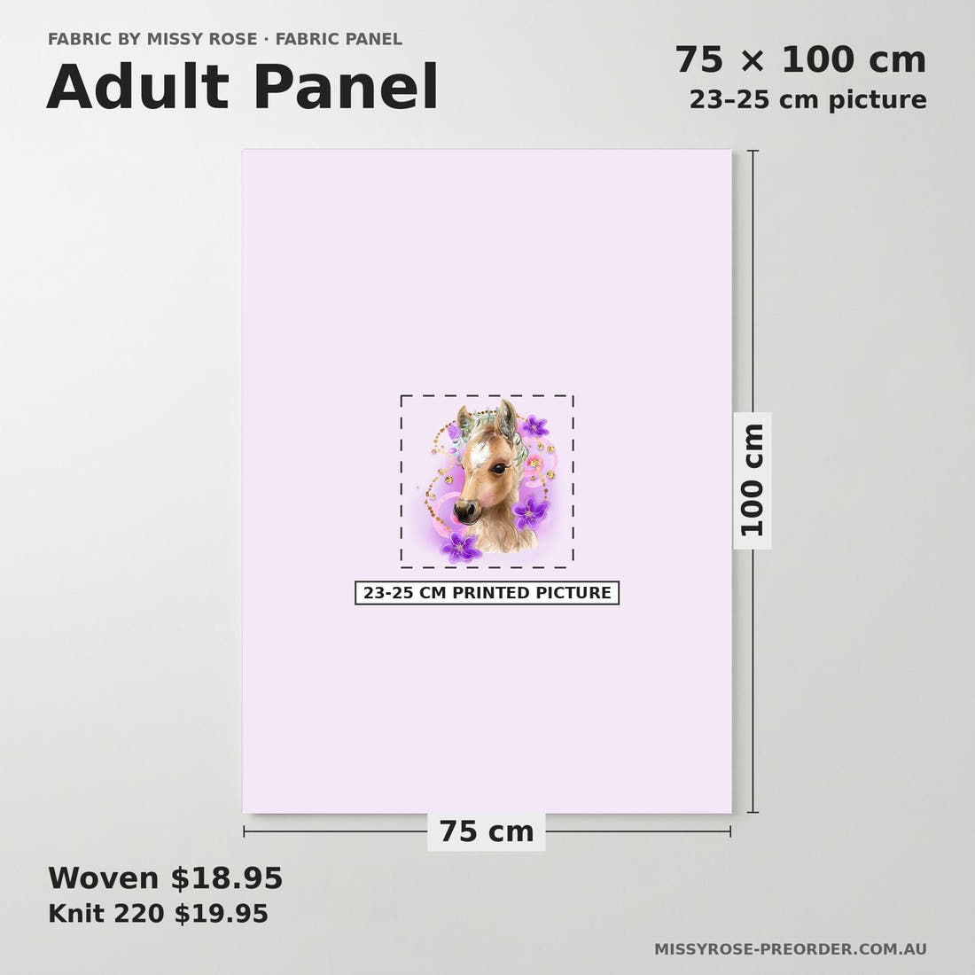 Design 513 Purple Horse Panel adult panel sizing – 23–25 cm printed picture on 75 × 100 cm fabric | Fabric by Missy Rose