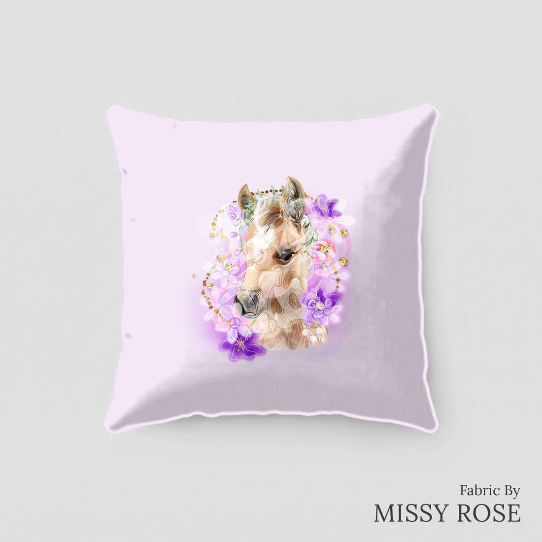 Design 513 Purple Horse Panel sewn into a cushion – see how the panel looks made up | Fabric by Missy Rose