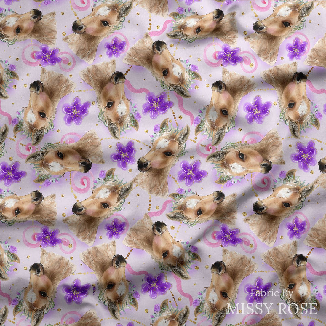 Design 513 Purple Horse Fabric draped fabric mockup – custom printed fabric by the metre | Fabric by Missy Rose