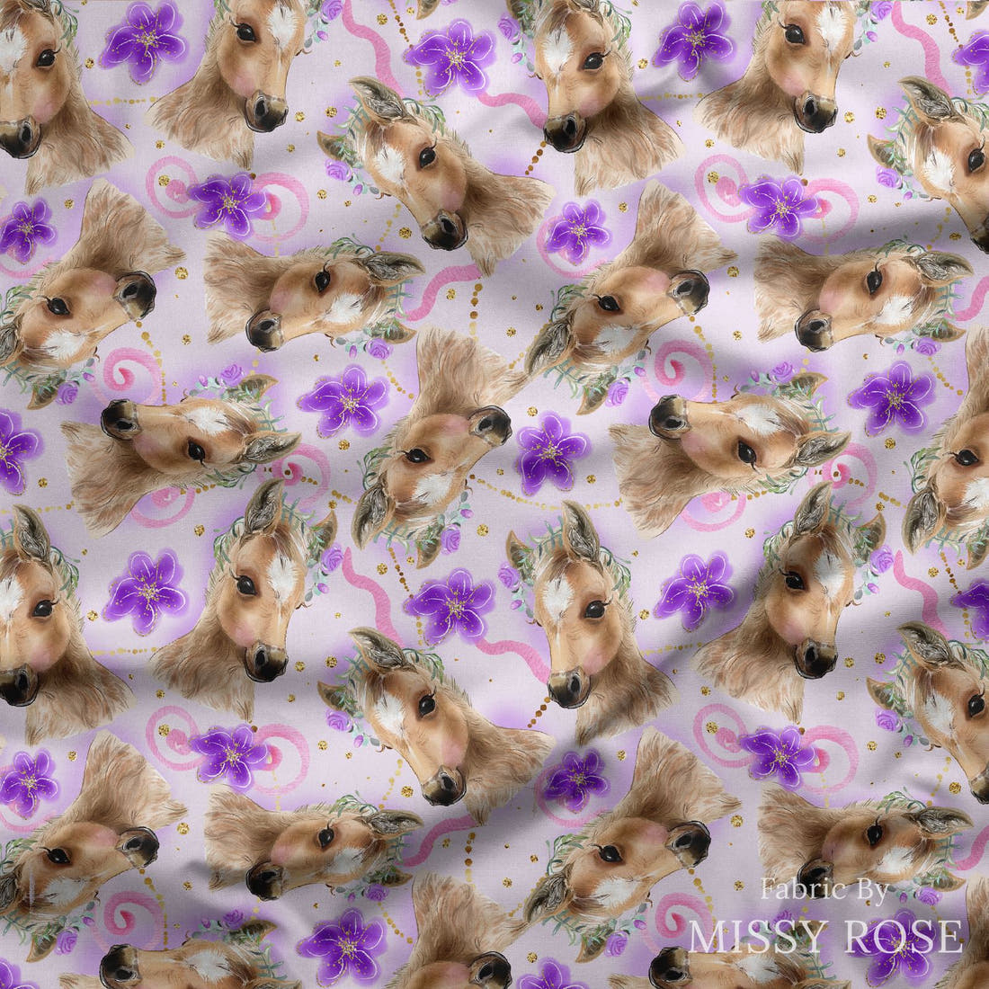 Design 513 Purple Horse Fabric draped fabric mockup – custom printed fabric by the metre | Fabric by Missy Rose