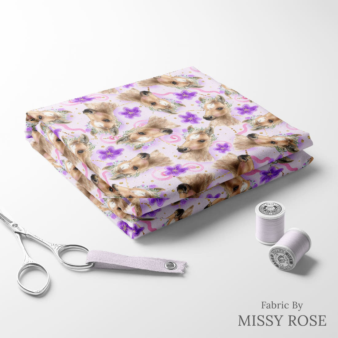 Design 513 Purple Horse Fabric folded fabric stack with matching thread – pre-order fabric Australia | Fabric by Missy Rose