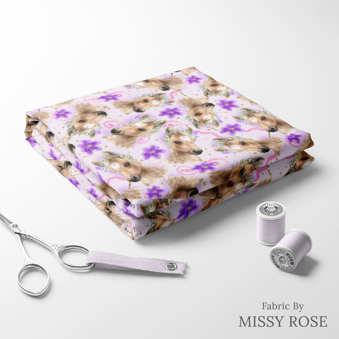 Design 513 Purple Horse Fabric folded fabric stack with matching thread – pre-order fabric Australia | Fabric by Missy Rose