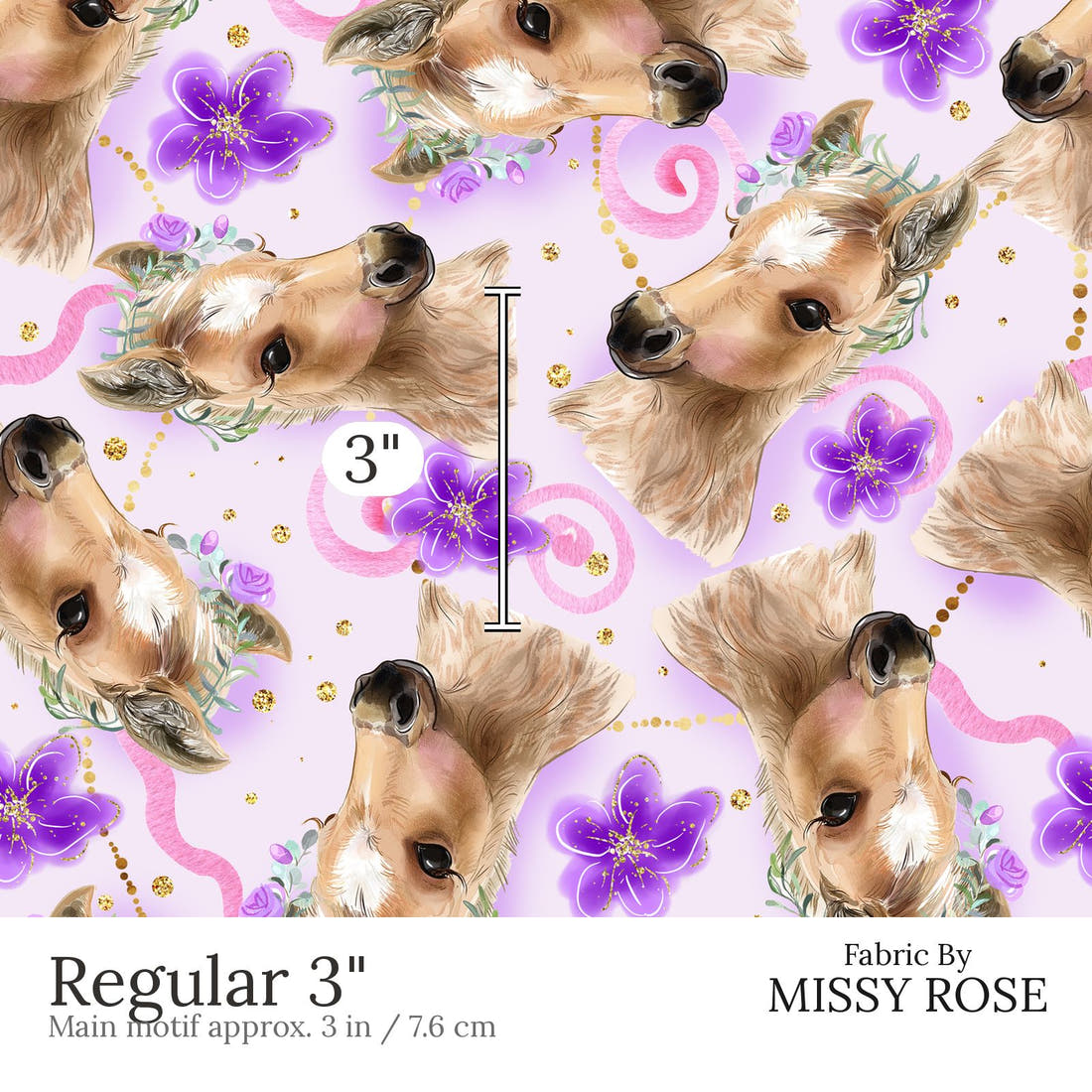 Design 513 Purple Horse Fabric Regular 3 inch print scale guide | Fabric by Missy Rose