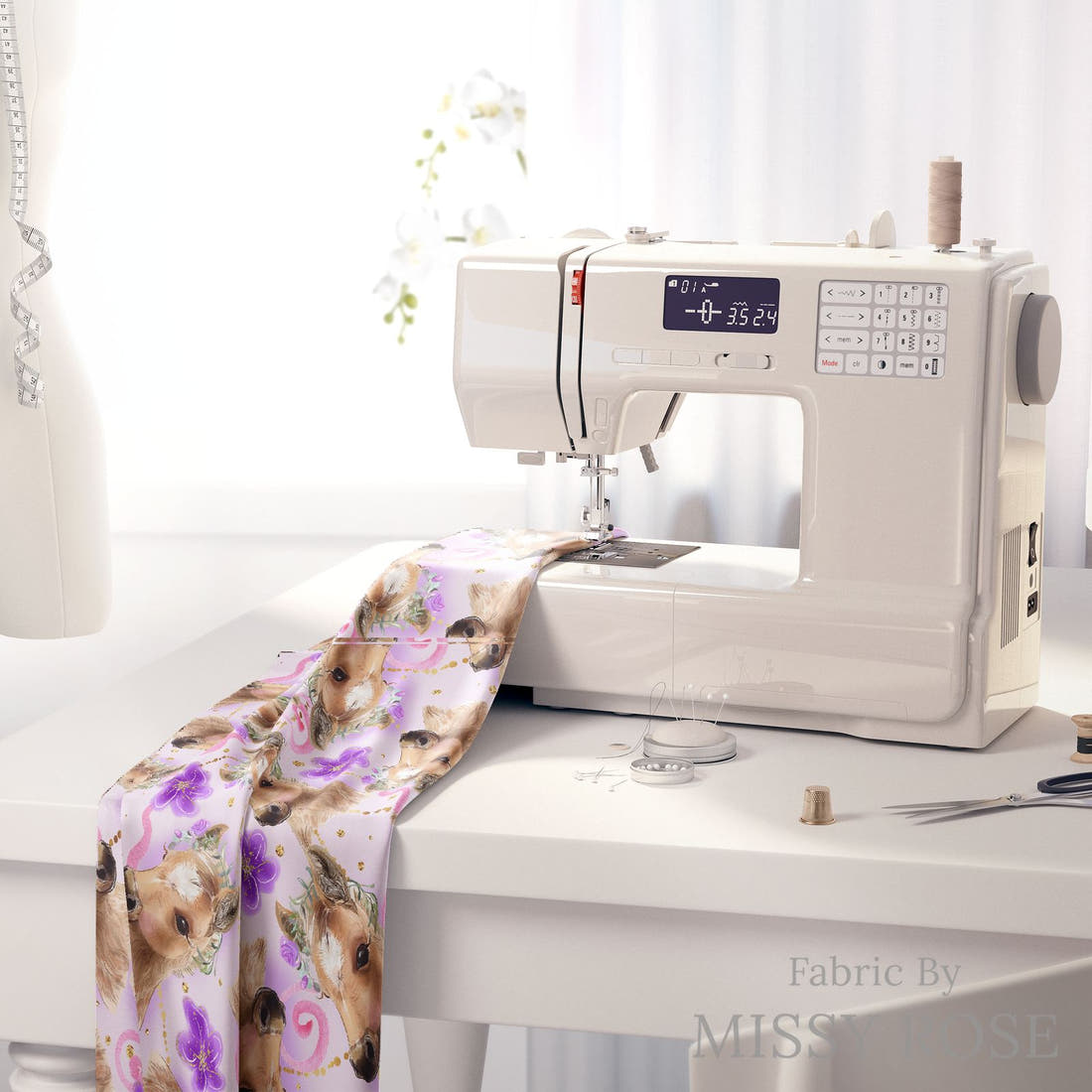 Design 513 Purple Horse Fabric on a sewing machine – premium fabric for sewing projects | Fabric by Missy Rose
