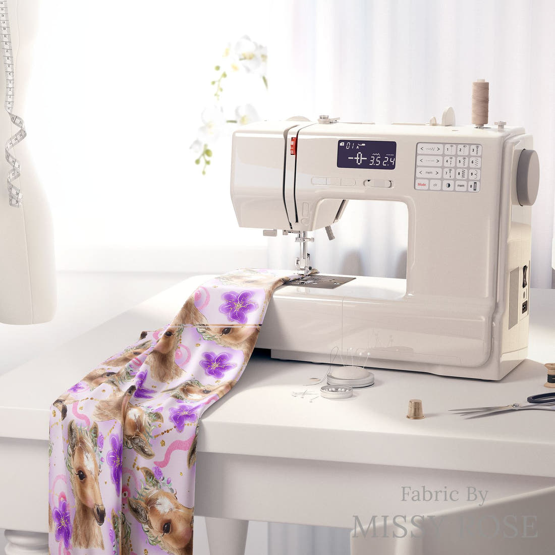 Design 513 Purple Horse Fabric on a sewing machine – premium fabric for sewing projects | Fabric by Missy Rose