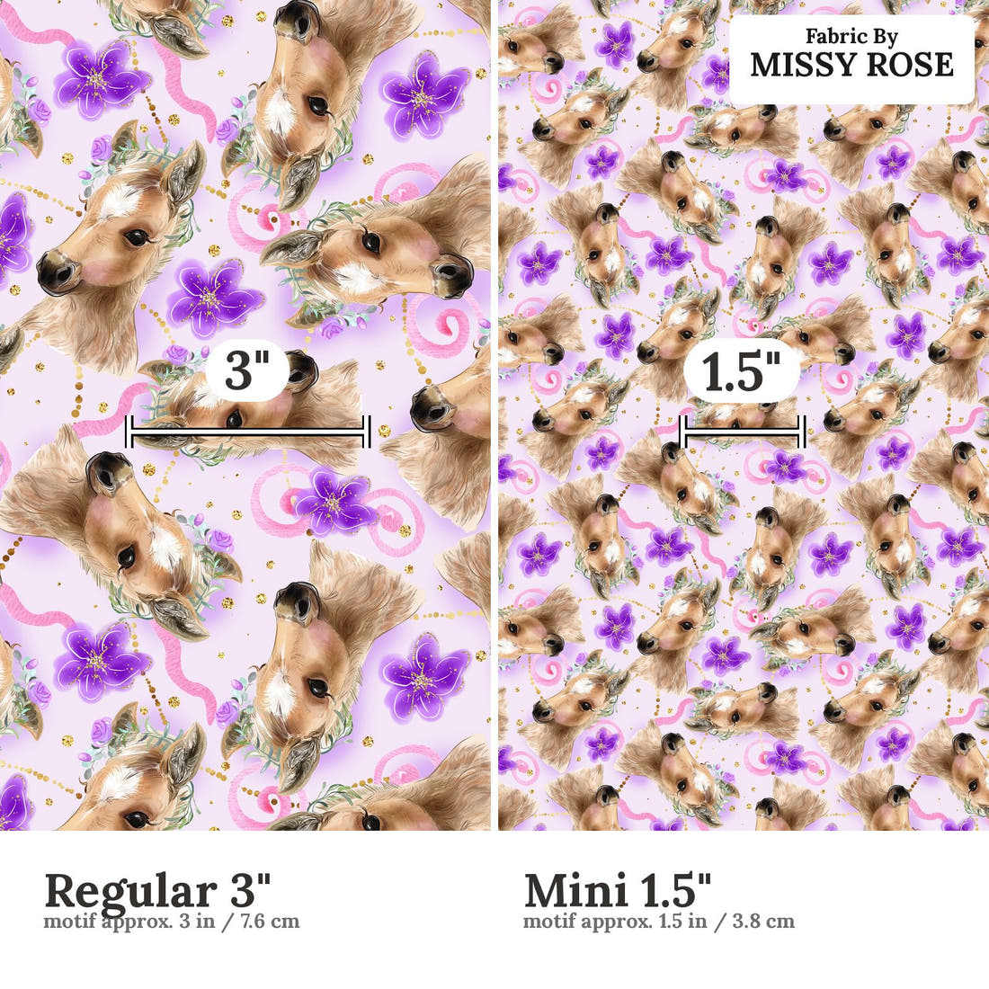 Design 513 Purple Horse Fabric size comparison - print scale | Fabric by Missy Rose