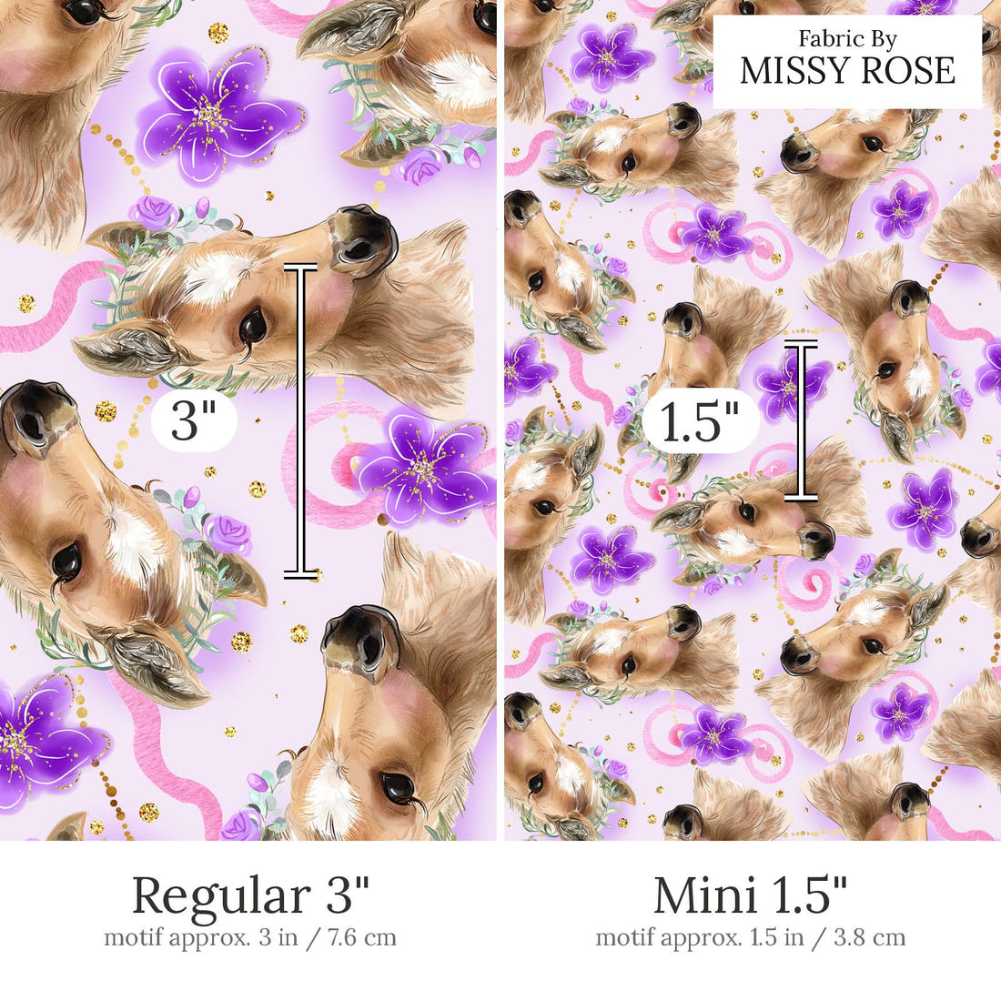 Design 513 Purple Horse Fabric Regular 3 inch vs Mini 1.5 inch print scale side by side | Fabric by Missy Rose