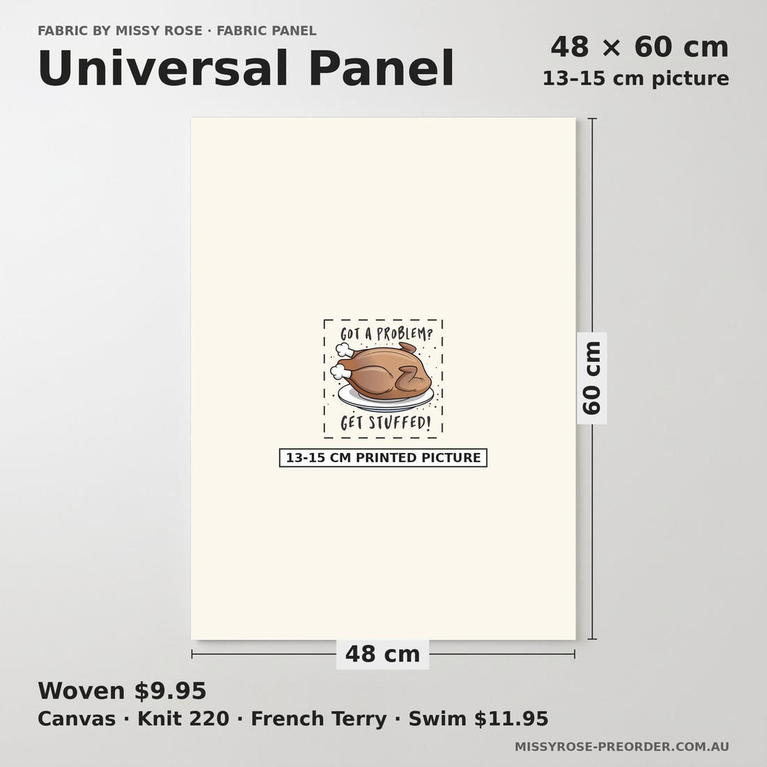 Design 514 Turkey Panel universal panel sizing – 13–15 cm printed picture on 48 × 60 cm fabric | Fabric by Missy Rose