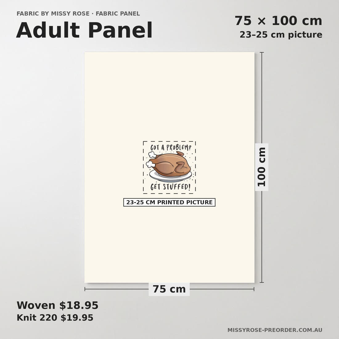 Design 514 Turkey Panel adult panel sizing – 23–25 cm printed picture on 75 × 100 cm fabric | Fabric by Missy Rose