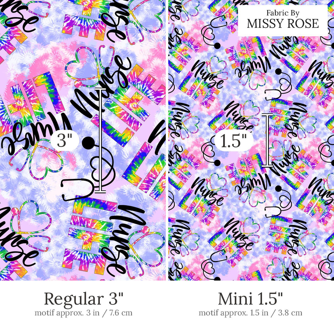 Design 515 Nurse Life Fabric Regular 3 inch vs Mini 1.5 inch print scale side by side | Fabric by Missy Rose