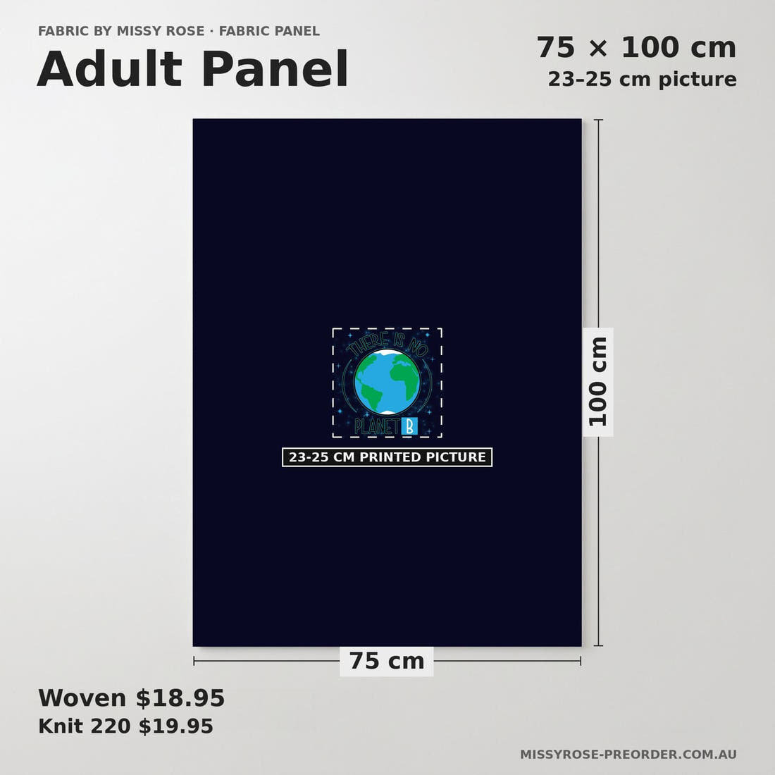 Design 516 Planet B Panel adult panel sizing – 23–25 cm printed picture on 75 × 100 cm fabric | Fabric by Missy Rose