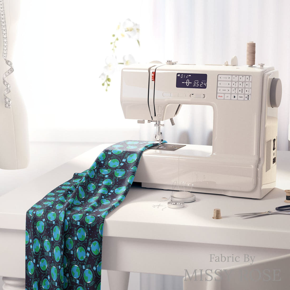 Design 516 Planet B Fabric on a sewing machine – premium fabric for sewing projects | Fabric by Missy Rose