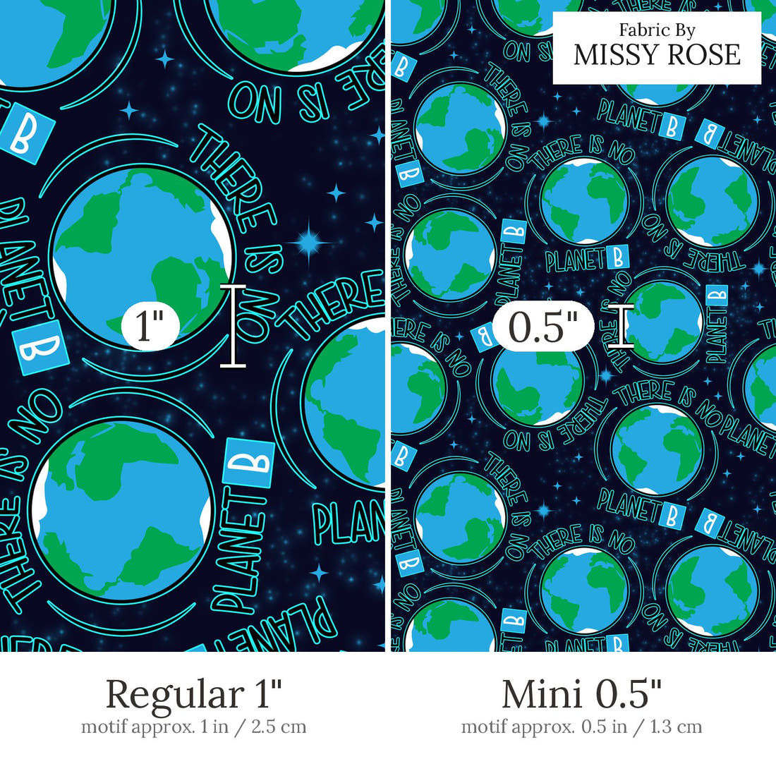 Design 516 Planet B Fabric Regular 1 inch vs Mini 0.5 inch print scale side by side | Fabric by Missy Rose