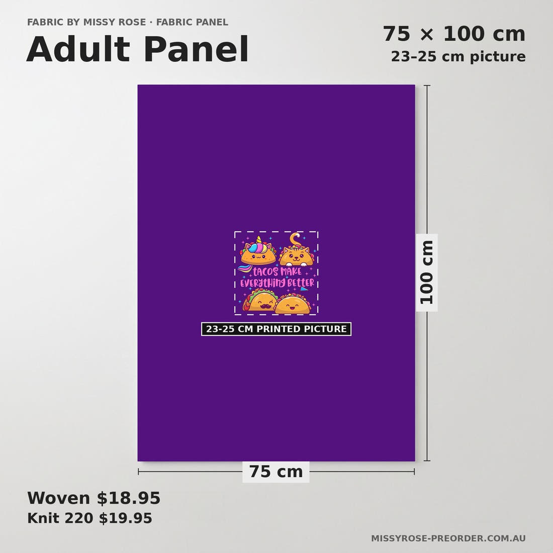 Design 517 Taco Panel adult panel sizing – 23–25 cm printed picture on 75 × 100 cm fabric | Fabric by Missy Rose