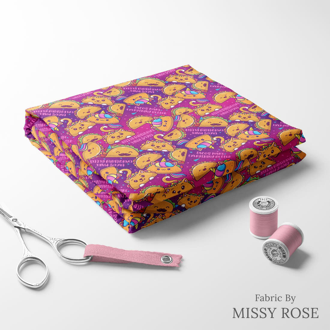 Design 517 Taco Fabric folded fabric stack with matching thread – pre-order fabric Australia | Fabric by Missy Rose