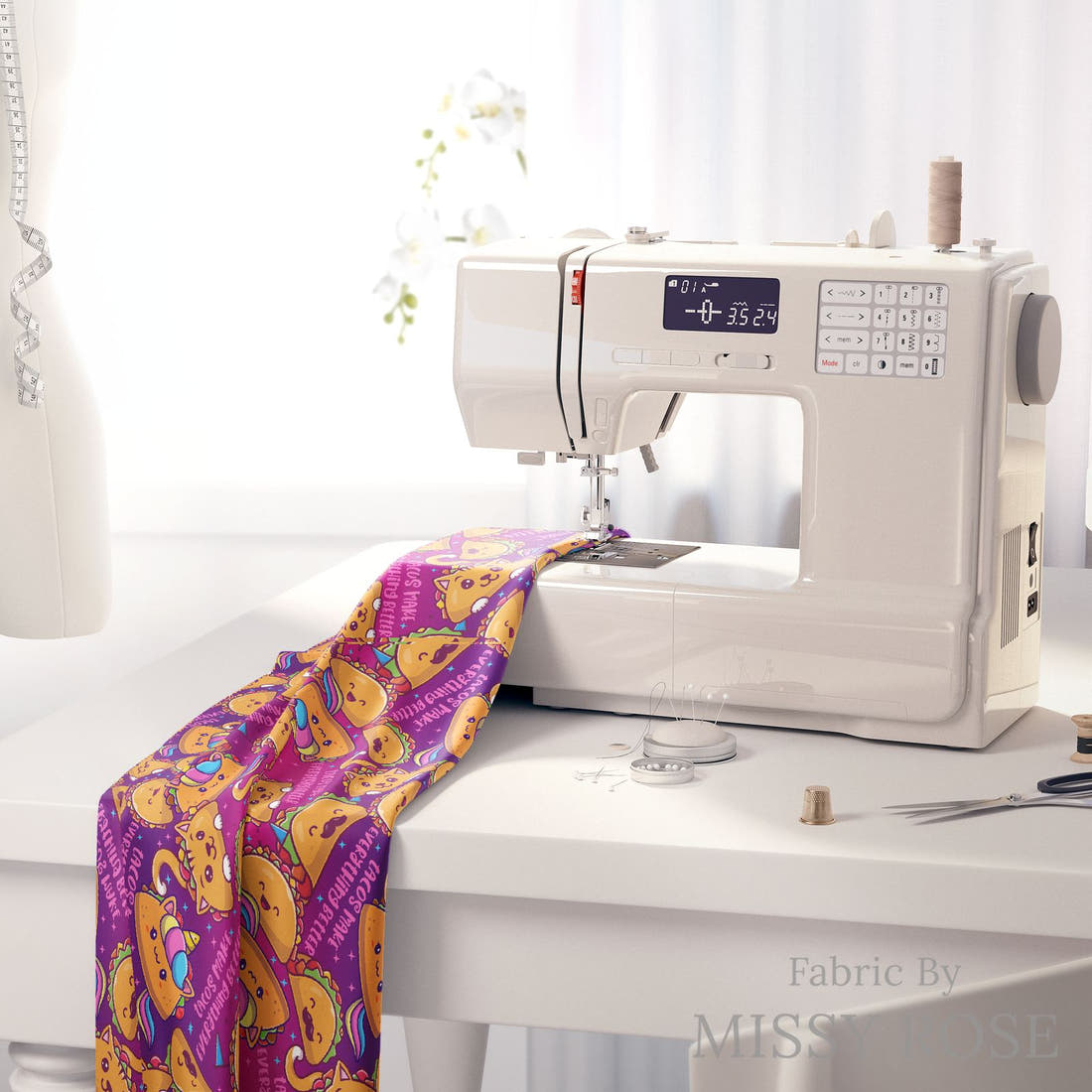 Design 517 Taco Fabric on a sewing machine – premium fabric for sewing projects | Fabric by Missy Rose