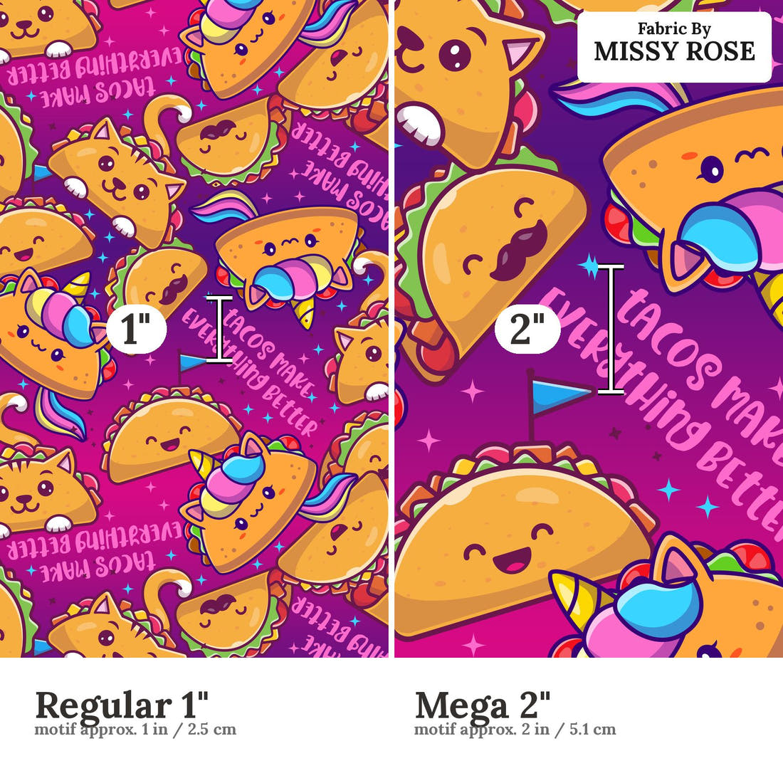Design 517 Taco Fabric size comparison - print scale | Fabric by Missy Rose