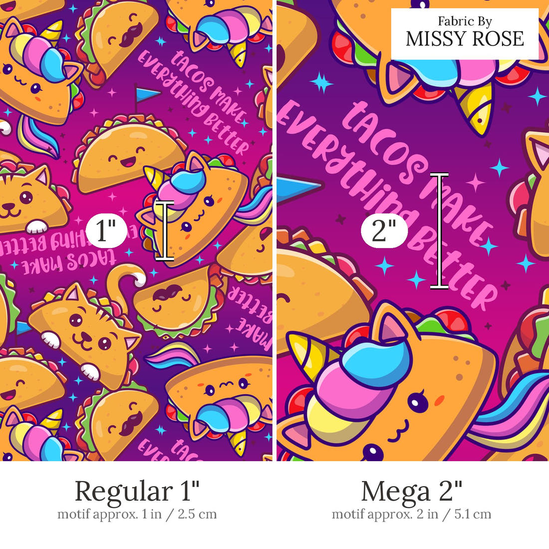 Design 517 Taco Fabric Regular 1 inch vs Mega 2 inch print scale side by side | Fabric by Missy Rose