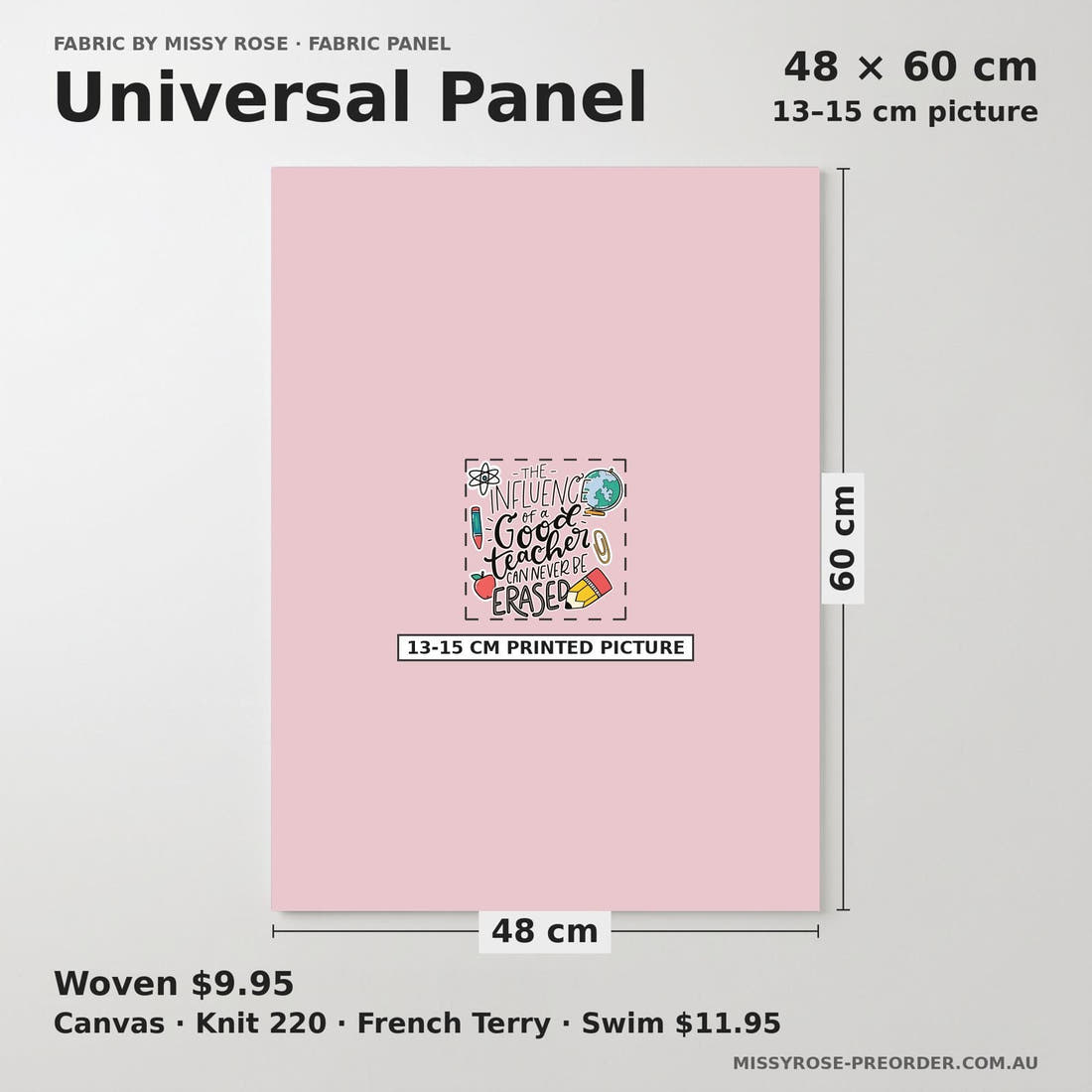 Design 518 Teacher Panel universal panel sizing – 13–15 cm printed picture on 48 × 60 cm fabric | Fabric by Missy Rose