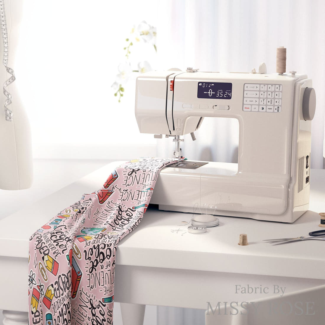 Design 518 Teacher Fabric on a sewing machine – premium fabric for sewing projects | Fabric by Missy Rose