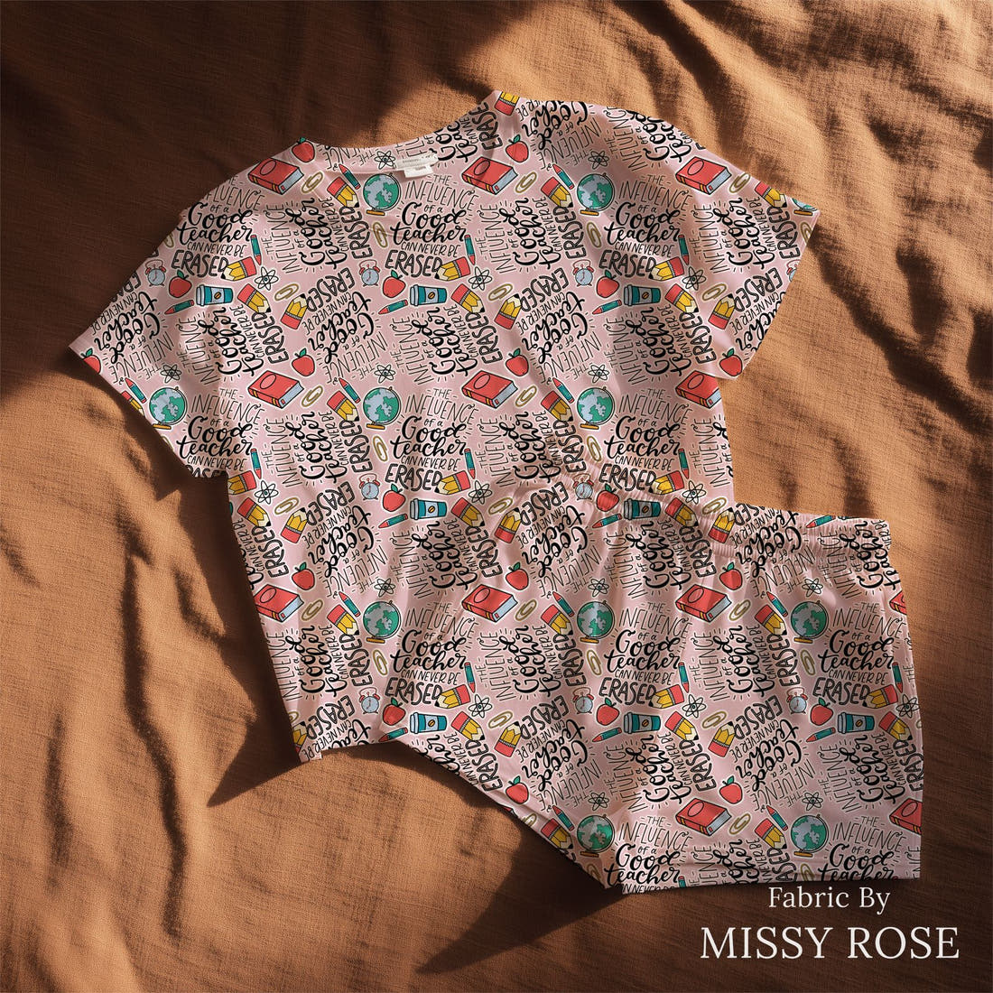 Design 518 Teacher Fabric sewn into a lounge set – see how the print looks made up | Fabric by Missy Rose