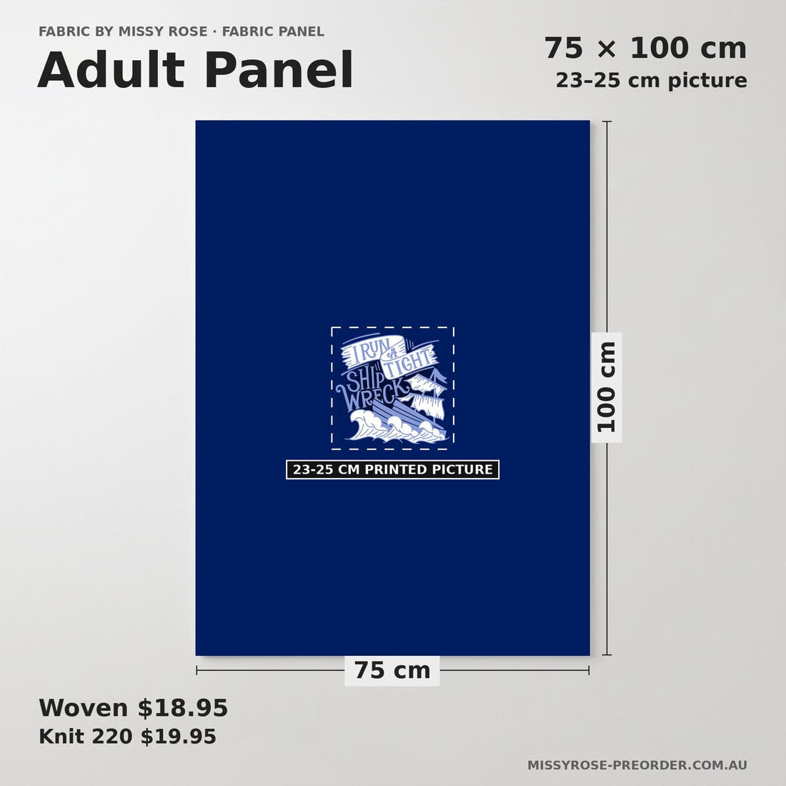 Design 519 Shipwreck Panel adult panel sizing – 23–25 cm printed picture on 75 × 100 cm fabric | Fabric by Missy Rose