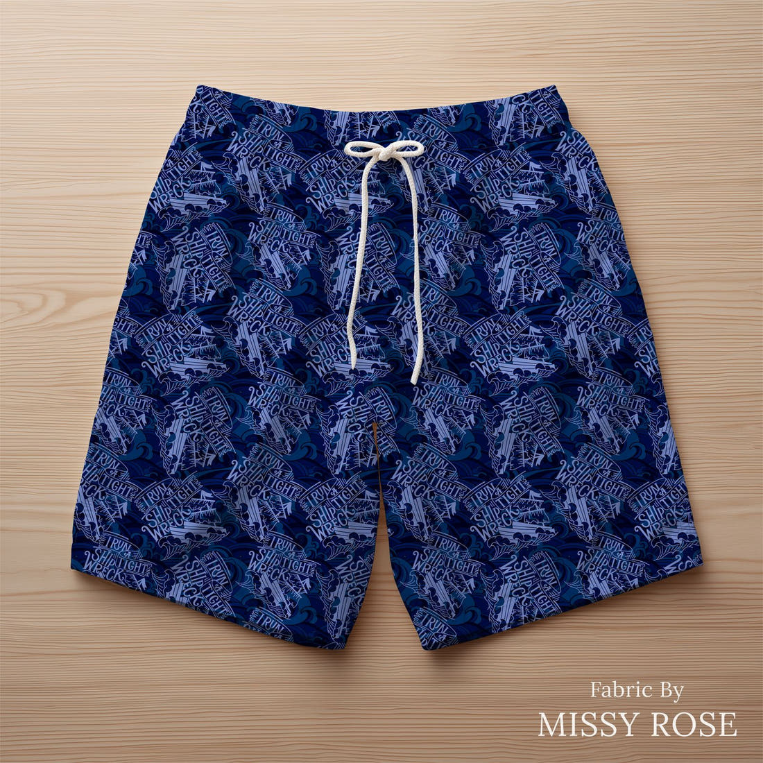 Design 519 Shipwreck Fabric sewn into swim shorts – see how the print looks made up | Fabric by Missy Rose