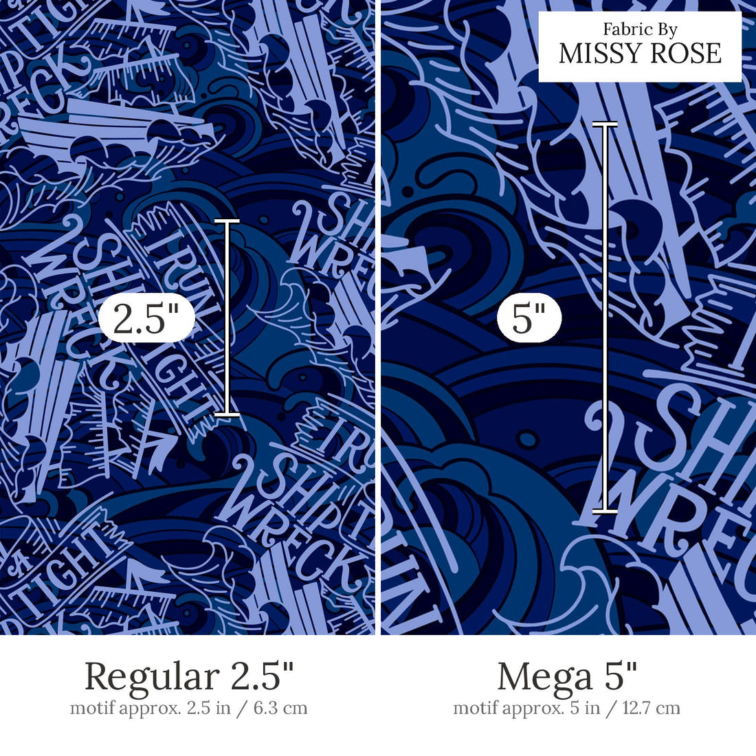 Design 519 Shipwreck Fabric Regular 2.5 inch vs Mega 5 inch print scale side by side | Fabric by Missy Rose