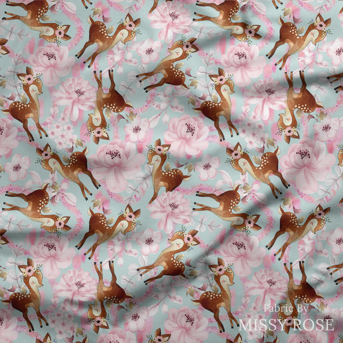 Design 52 Floral Deer Fabric draped fabric mockup – custom printed fabric by the metre | Fabric by Missy Rose