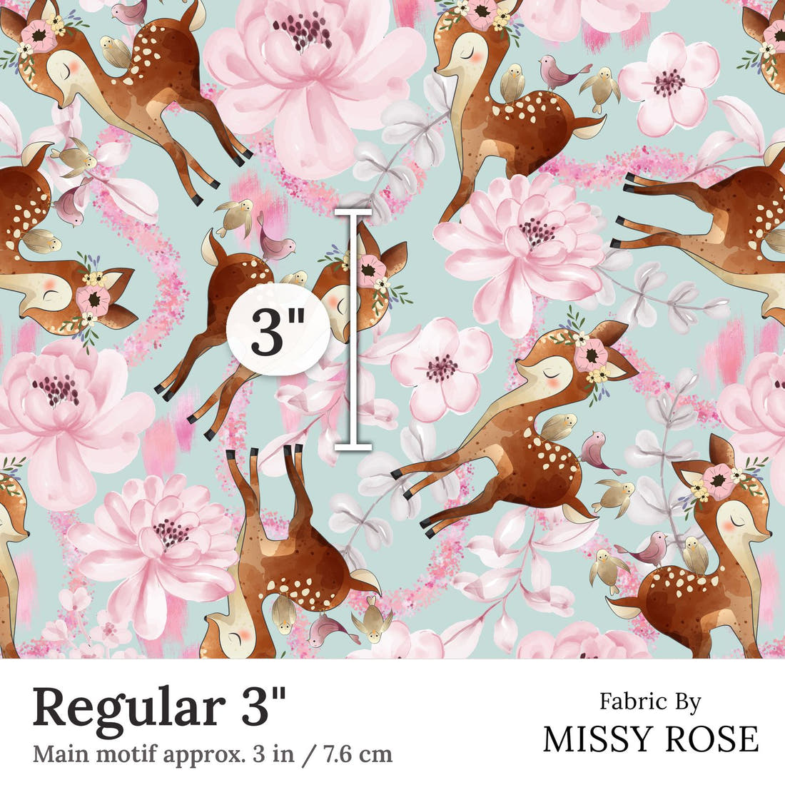 Design 52 Floral Deer Fabric Regular 3 inch print scale guide | Fabric by Missy Rose