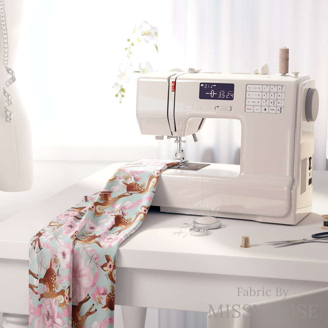 Design 52 Floral Deer Fabric on a sewing machine – premium fabric for sewing projects | Fabric by Missy Rose