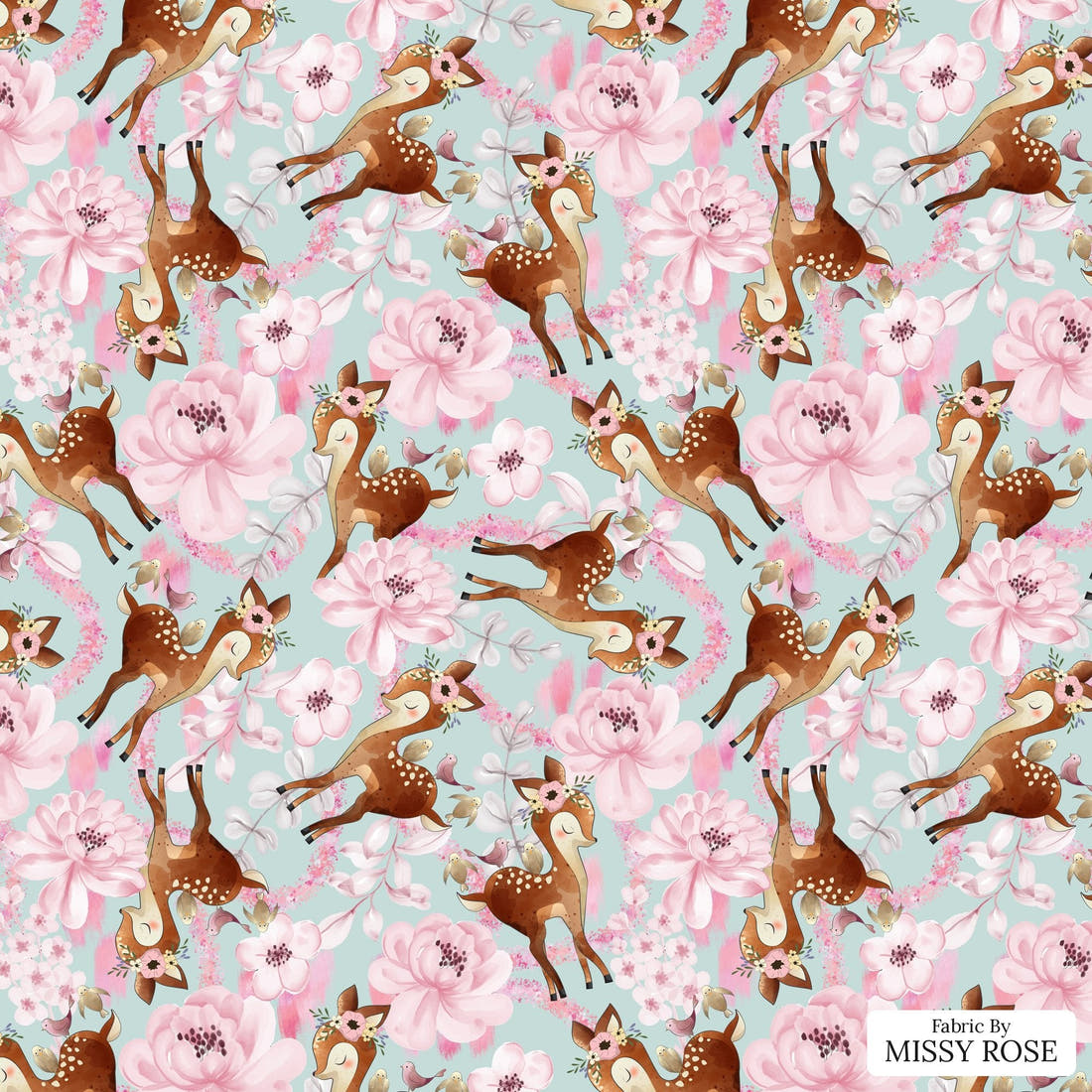 Design 52 Floral Deer Fabric - flat view of the print, zoom in for detail | Fabric by Missy Rose