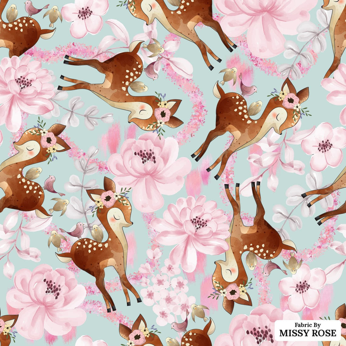 Design 52 Floral Deer Fabric - flat view of the print, zoom in for detail | Fabric by Missy Rose
