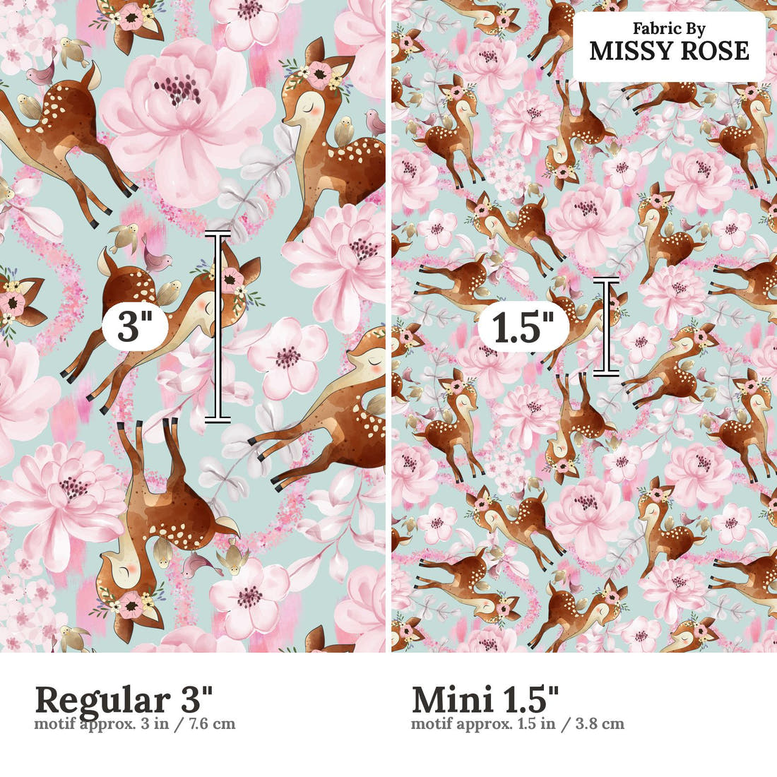 Design 52 Floral Deer Fabric size comparison - print scale | Fabric by Missy Rose