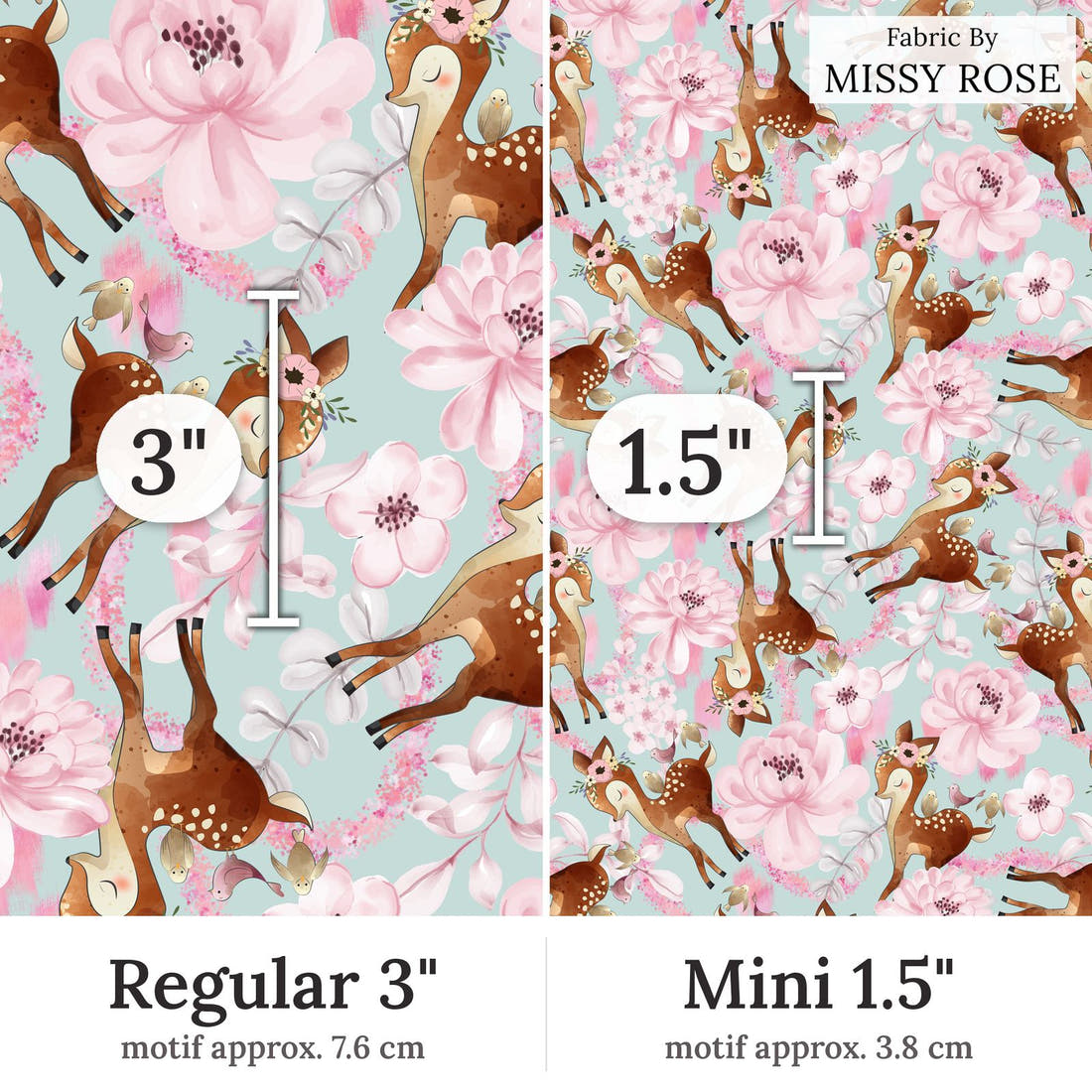 Design 52 Floral Deer Fabric Regular 3 inch vs Mini 1.5 inch print scale side by side | Fabric by Missy Rose
