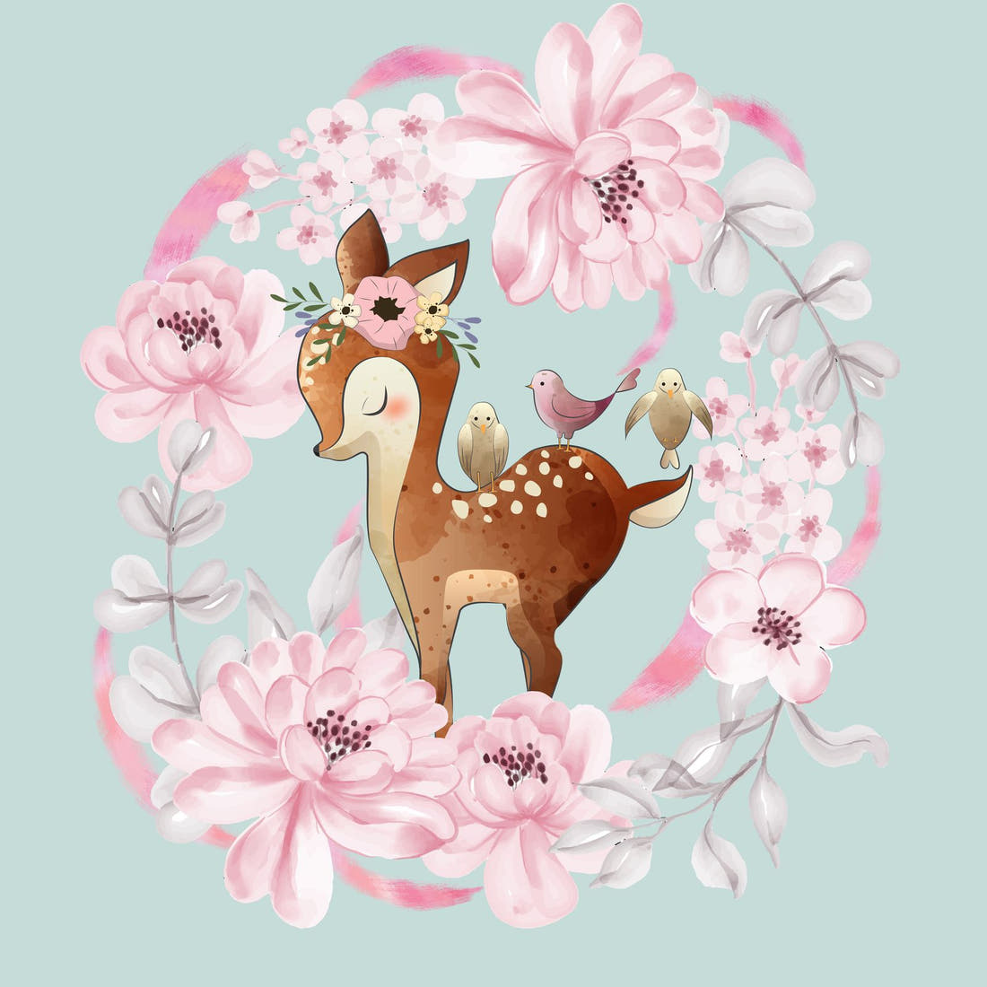 Design 52 Floral Deer Panel – full artwork close-up of the printed picture | Fabric by Missy Rose