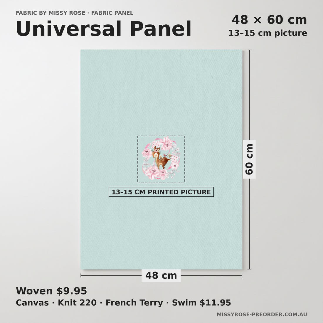 Design 52 Floral Deer Panel universal panel sizing – 13–15 cm printed picture on 48 × 60 cm fabric | Fabric by Missy Rose