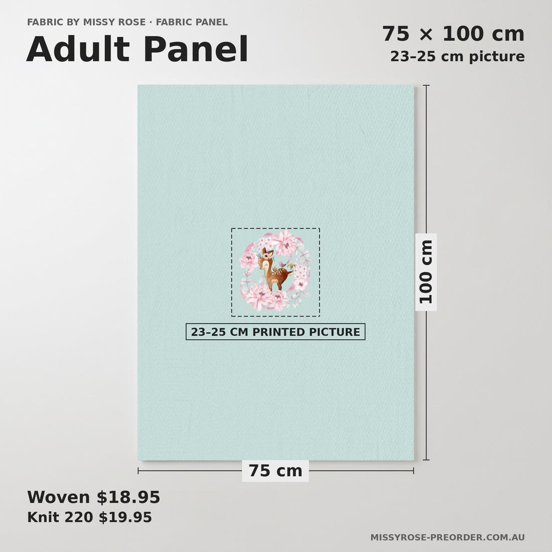 Design 52 Floral Deer Panel adult panel sizing – 23–25 cm printed picture on 75 × 100 cm fabric | Fabric by Missy Rose