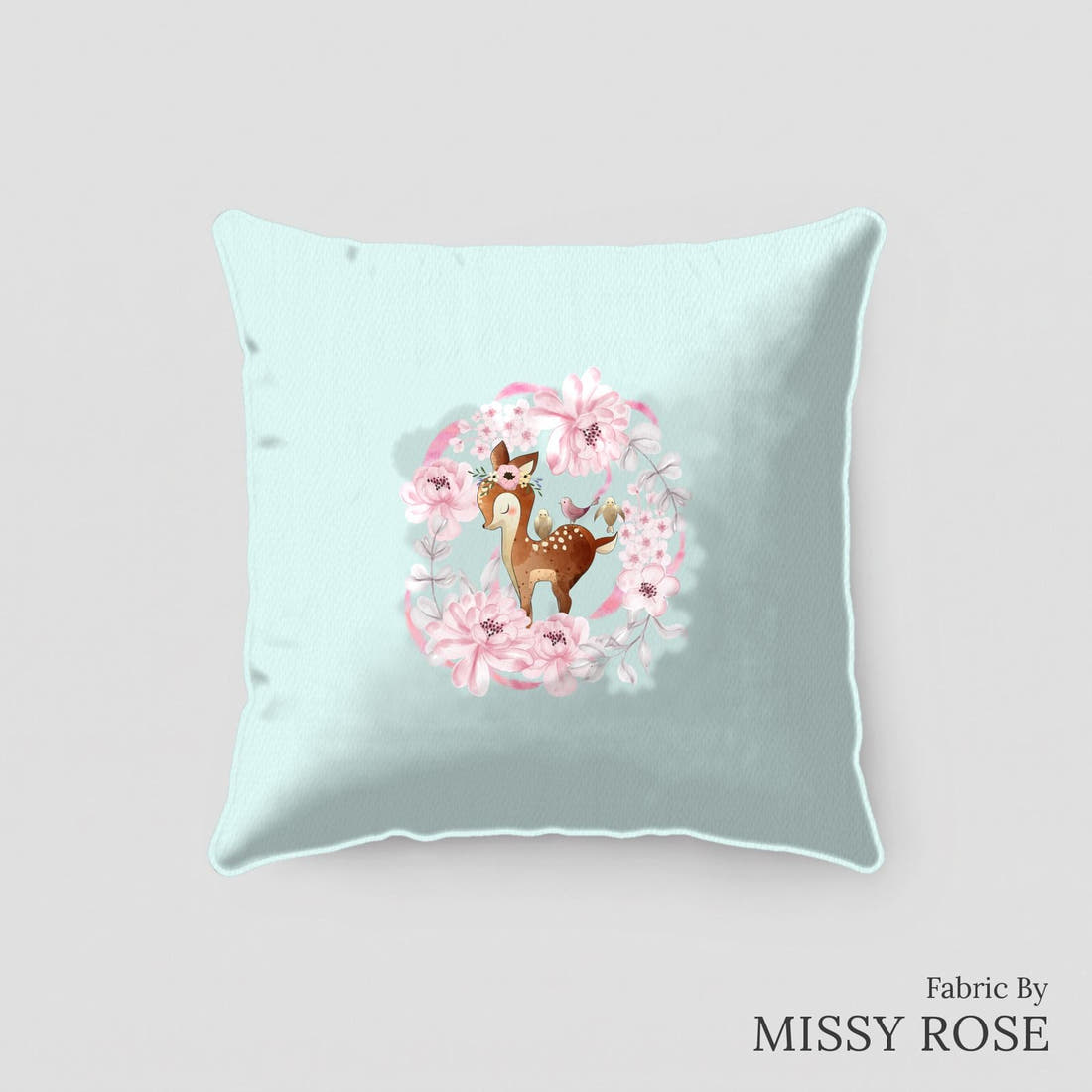 Design 52 Floral Deer Panel sewn into a cushion – see how the panel looks made up | Fabric by Missy Rose