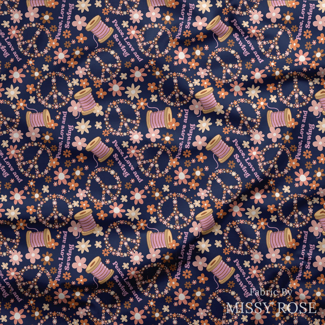 Design 520 Retro Sewing Fabric draped fabric mockup – custom printed fabric by the metre | Fabric by Missy Rose
